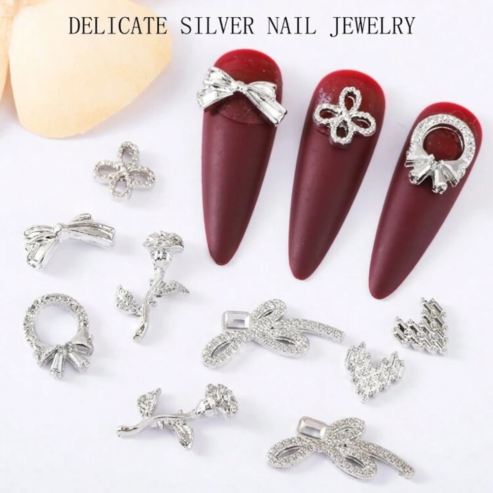 60 Piece 6 Grid Box Nail Jewelry Silver Tulip Bow Rose Heart Nail Rhinestone Kit - Picture 2 of 7
